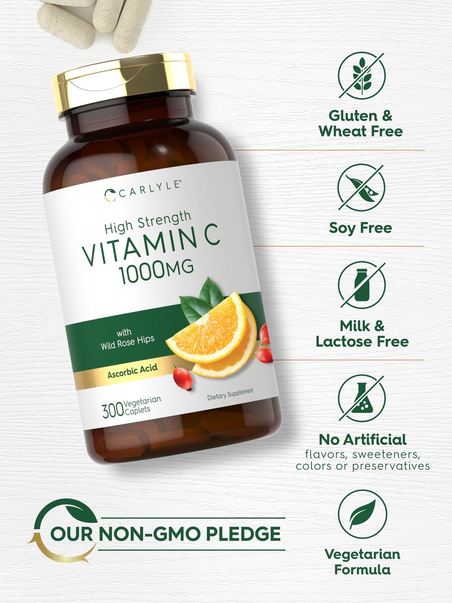 Carlyle Vitamin C 1000mg – 300 Vegetarian Caplets | High Strength, Non-GMO & Gluten Free