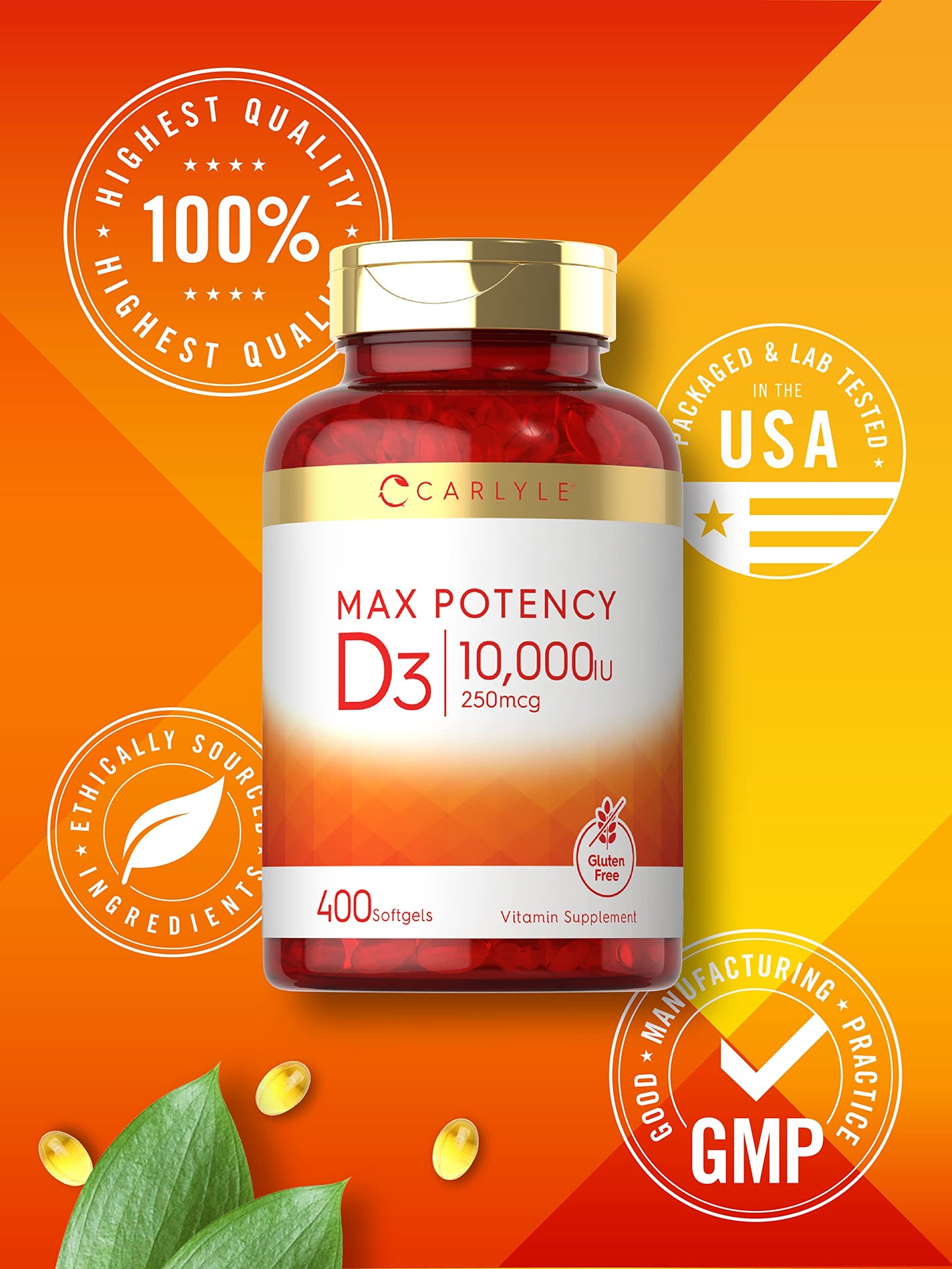 Carlyle Vitamin D3 10,000 IU – 400 Softgels (2-Pack) | Value Size, Max Potency | Non-GMO & Gluten Free