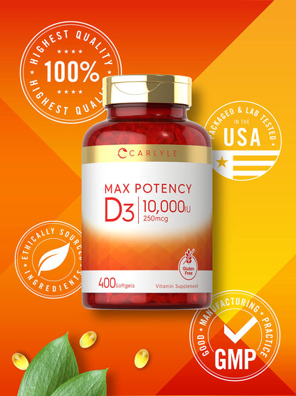 Carlyle Vitamin D3 10,000 IU – 400 Softgels (2-Pack) | Value Size, Max Potency | Non-GMO & Gluten Free