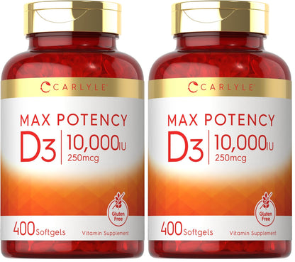 Carlyle Vitamin D3 10,000 IU – 400 Softgels (2-Pack) | Value Size, Max Potency | Non-GMO & Gluten Free