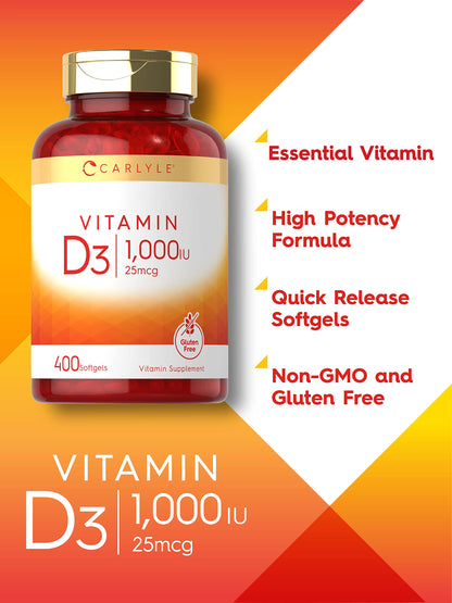 Carlyle Vitamin D3 1000IU - 400 Softgels | High Potency | Non-GMO & Gluten Free
