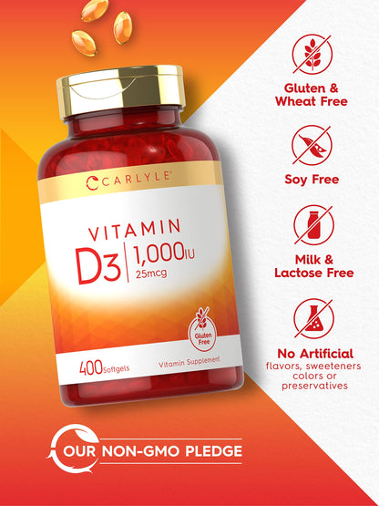 Carlyle Vitamin D3 1000IU - 400 Softgels | High Potency | Non-GMO & Gluten Free
