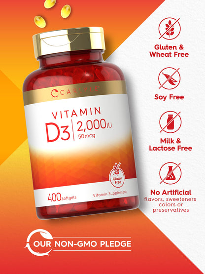 Carlyle Vitamin D3 2000IU Softgels - 400 Count | Non-GMO, Gluten Free | 50 mcg