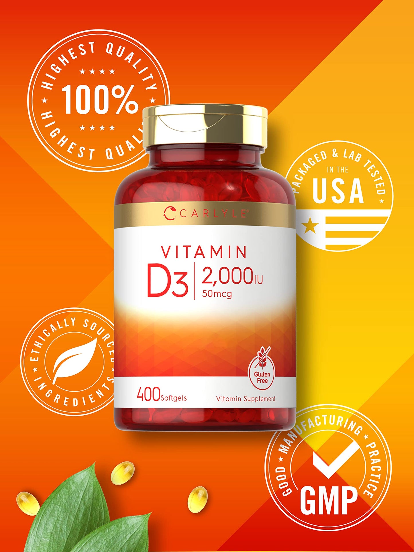 Carlyle Vitamin D3 2000IU Softgels - 400 Count | Non-GMO, Gluten Free | 50 mcg