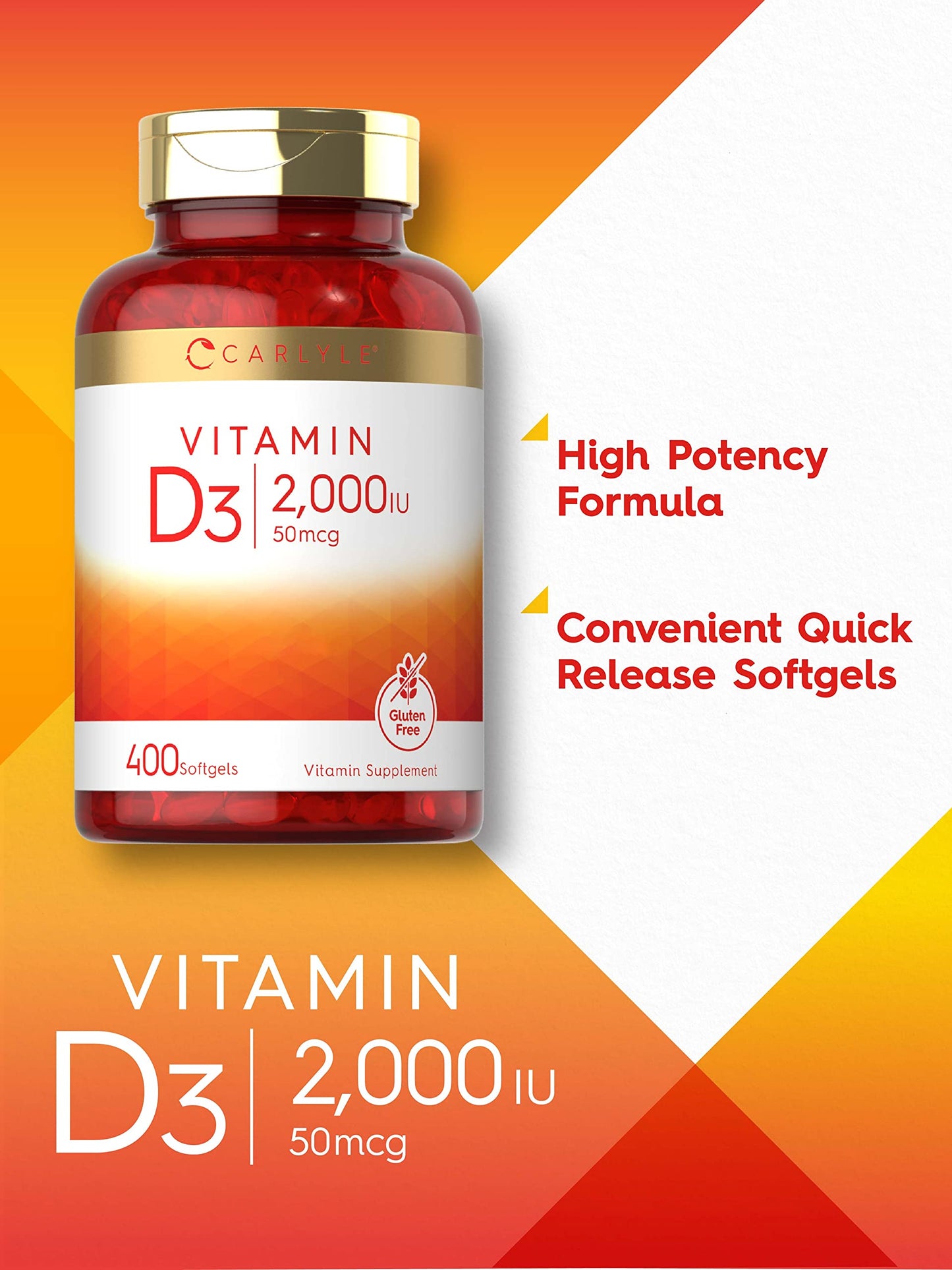 Carlyle Vitamin D3 2000IU Softgels - 400 Count | Non-GMO, Gluten Free | 50 mcg