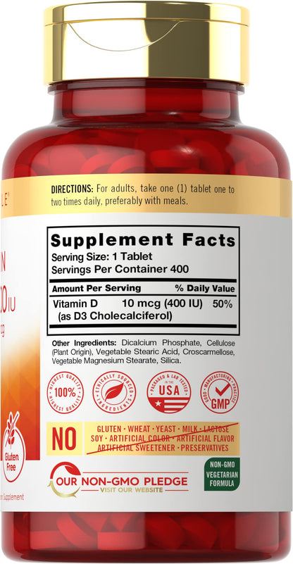 Carlyle Vitamin D3 400 IU (10 mcg) – 400 Tablets | Value Size | Vegetarian, Non-GMO, Gluten Free Formula | Vitamin D Supplement