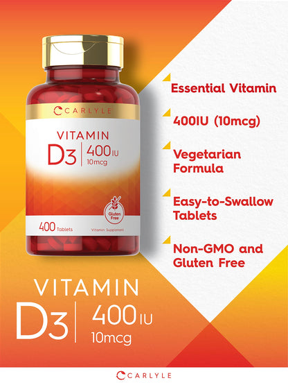 Carlyle Vitamin D3 400 IU (10 mcg) – 400 Tablets | Value Size | Vegetarian, Non-GMO, Gluten Free Formula | Vitamin D Supplement