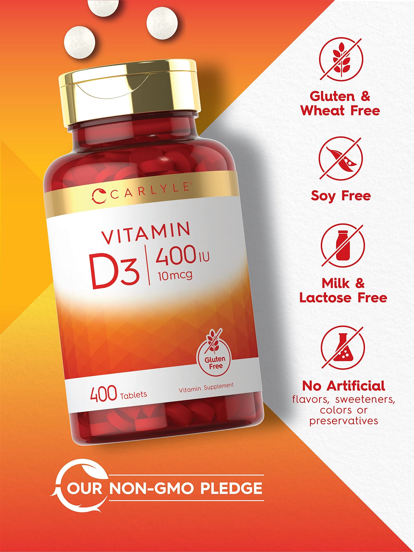 Carlyle Vitamin D3 400 IU (10 mcg) – 400 Tablets | Value Size | Vegetarian, Non-GMO, Gluten Free Formula | Vitamin D Supplement