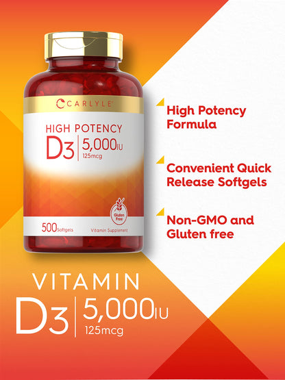 Carlyle Vitamin D3 5000 IU Softgels – 125 mcg Value Size Pack of 2 – Non-GMO & Gluten Free