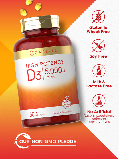Carlyle Vitamin D3 5000 IU Softgels – 125 mcg Value Size Pack of 2 – Non-GMO & Gluten Free