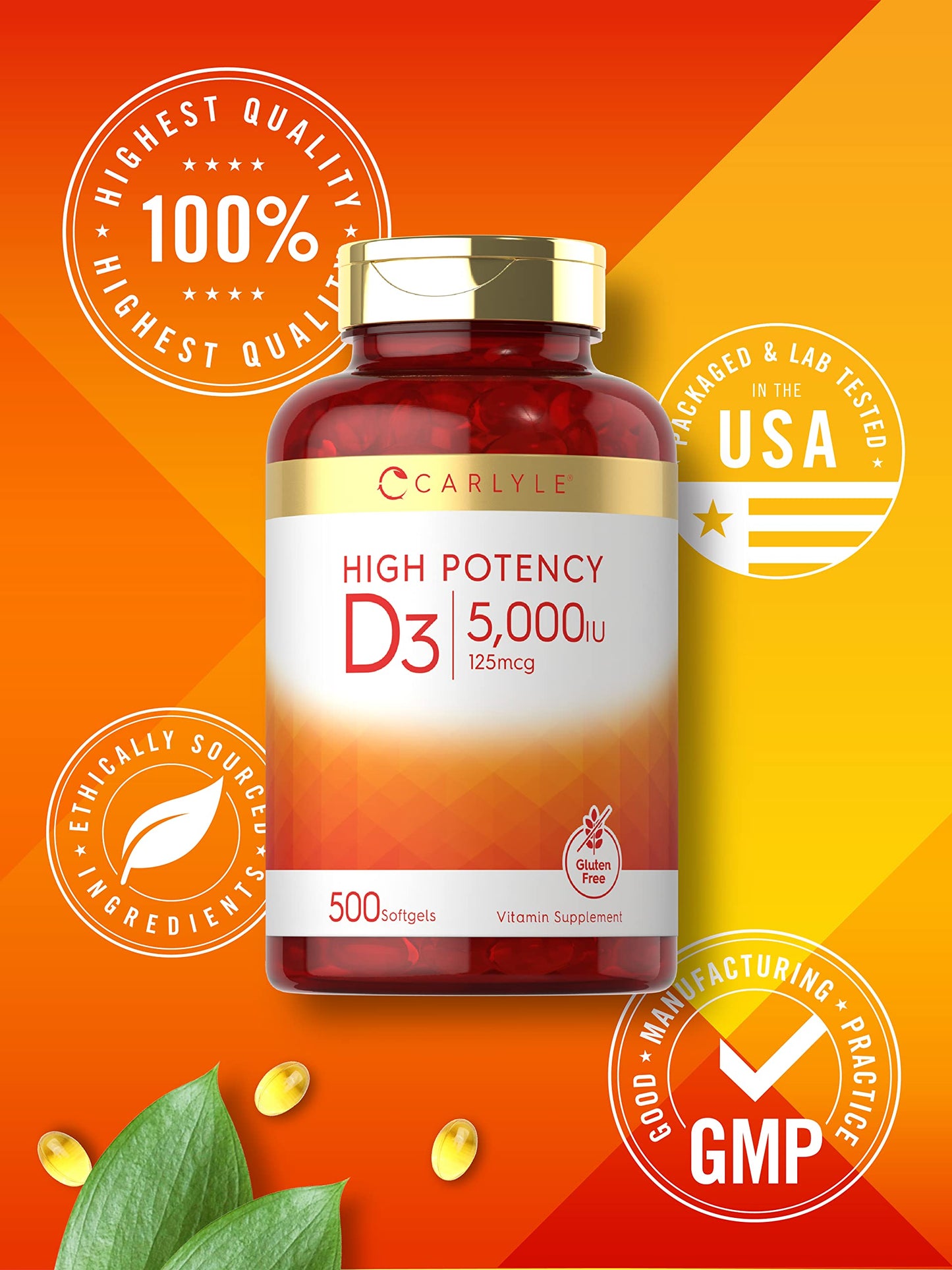 Carlyle Vitamin D3 5000 IU Softgels – 125 mcg Value Size Pack of 2 – Non-GMO & Gluten Free