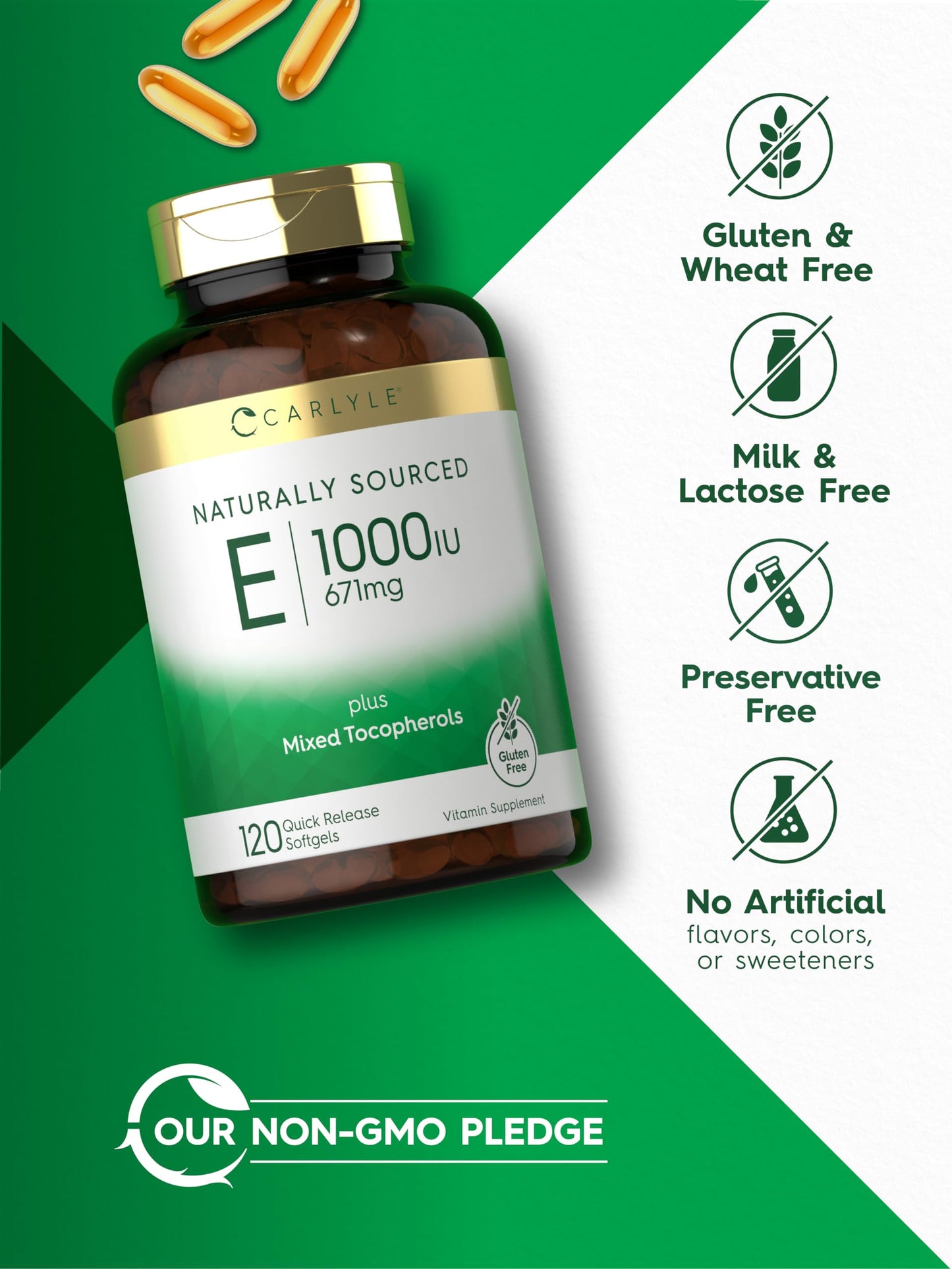 Carlyle Vitamin E 1000 IU Softgels – Mixed Tocopherols – 120 Pills | Non-GMO & Gluten Free
