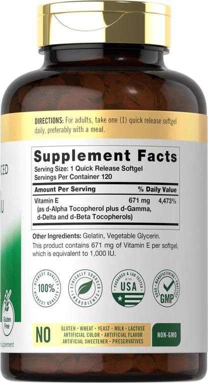 Carlyle Vitamin E 1000 IU Softgels – Mixed Tocopherols – 120 Pills | Non-GMO & Gluten Free
