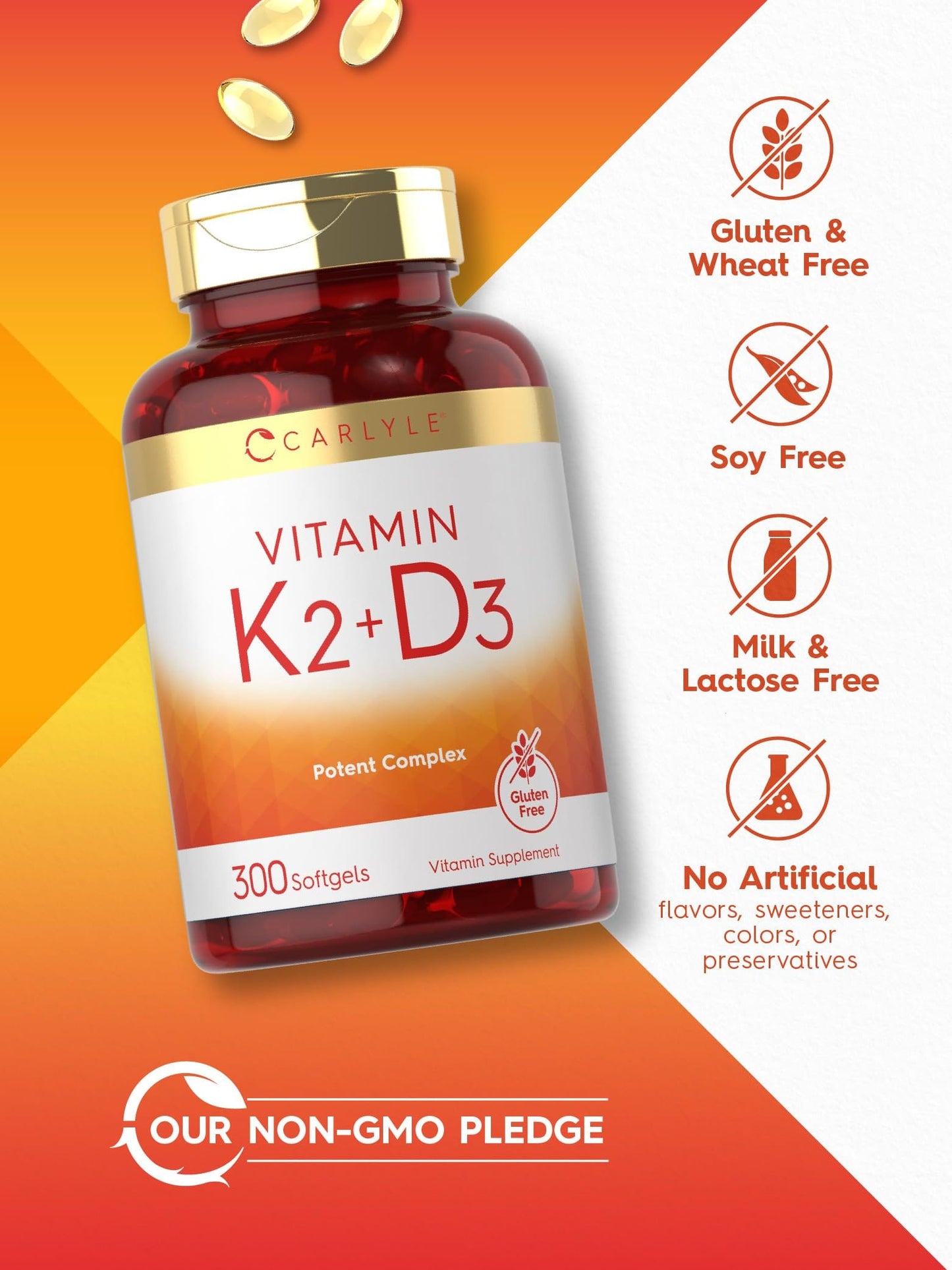 Carlyle Vitamin K2 D3 Supplement – 300 Softgels | 200 mcg K2 MK-7, 10,000 IU D3 | Non-GMO, Gluten Free