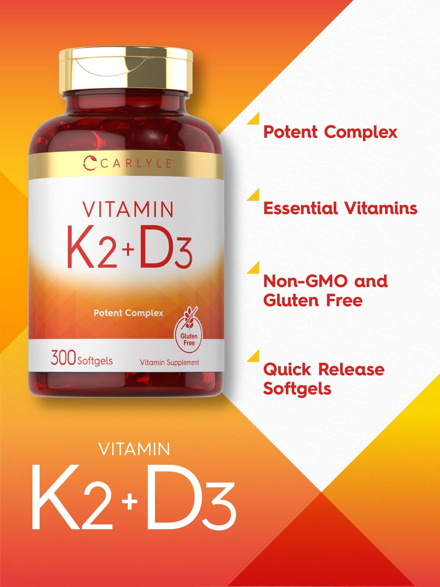 Carlyle Vitamin K2 D3 Supplement – 300 Softgels | 200 mcg K2 MK-7, 10,000 IU D3 | Non-GMO, Gluten Free