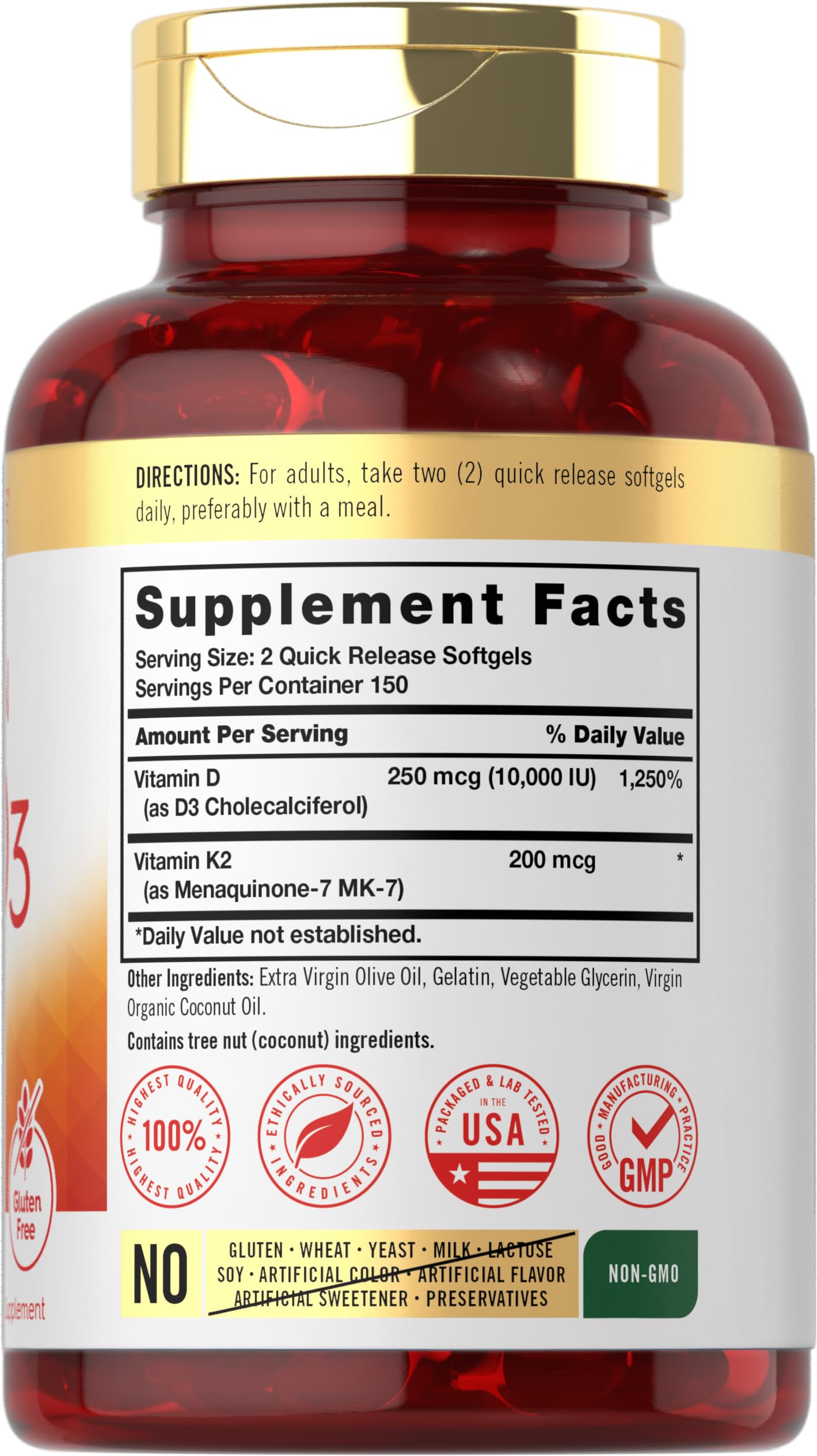 Carlyle Vitamin K2 D3 Supplement – 300 Softgels | 200 mcg K2 MK-7, 10,000 IU D3 | Non-GMO, Gluten Free