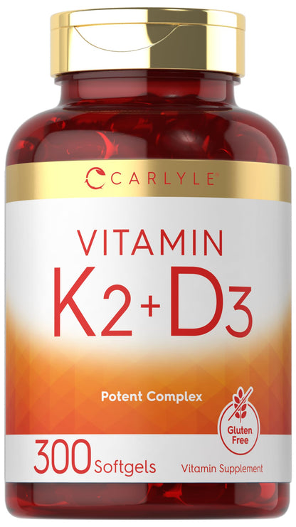 Carlyle Vitamin K2 D3 Supplement – 300 Softgels | 200 mcg K2 MK-7, 10,000 IU D3 | Non-GMO, Gluten Free