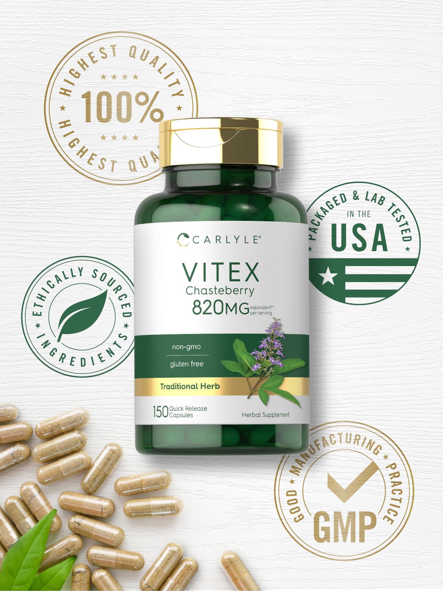 Carlyle Vitex Chasteberry 820mg – 150 Capsules | Non-GMO & Gluten Free