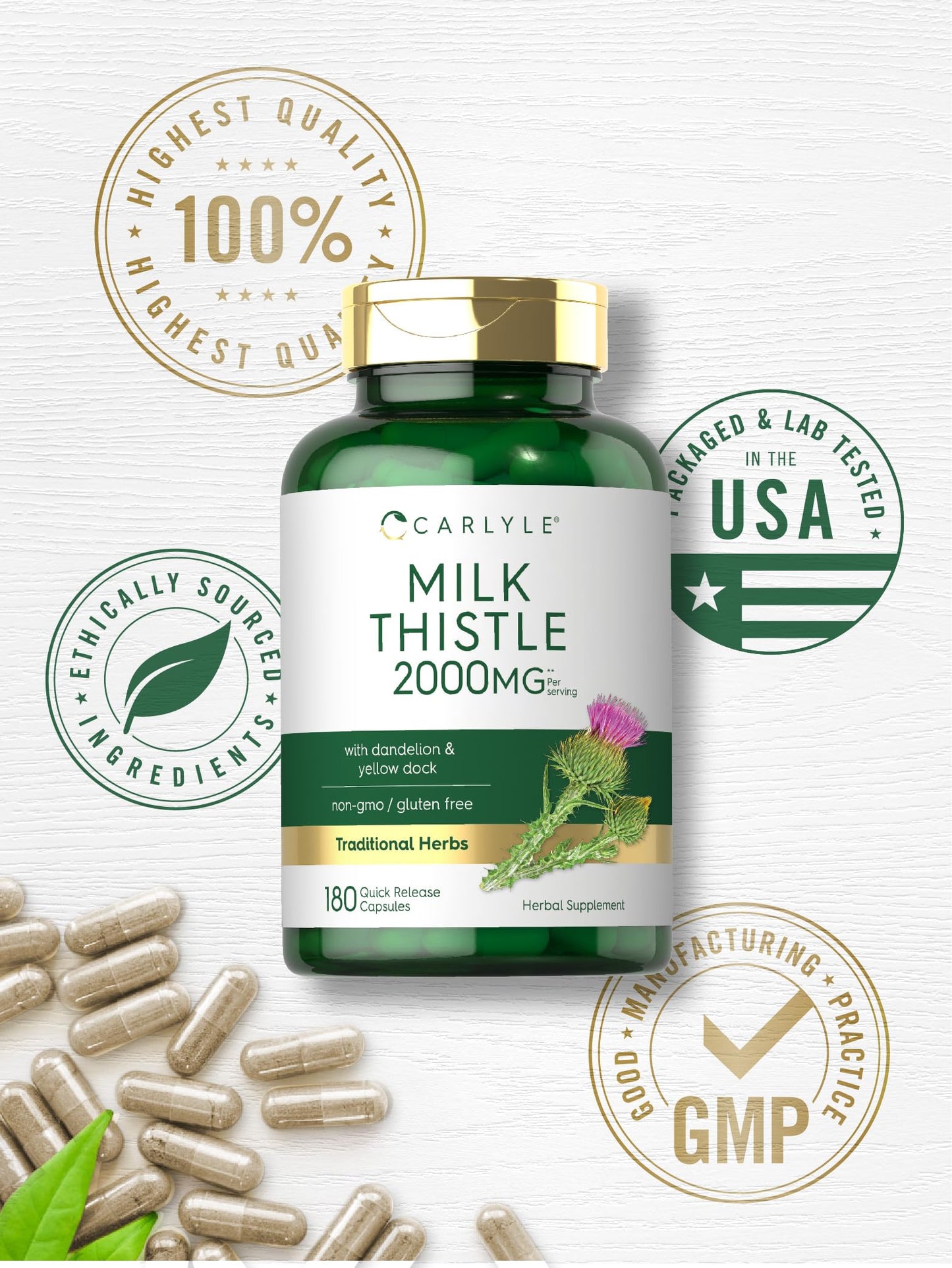 Carlyle Milk Thistle 2000mg – 180 Capsules | Dandelion & Yellow Dock | Non-GMO, Gluten Free