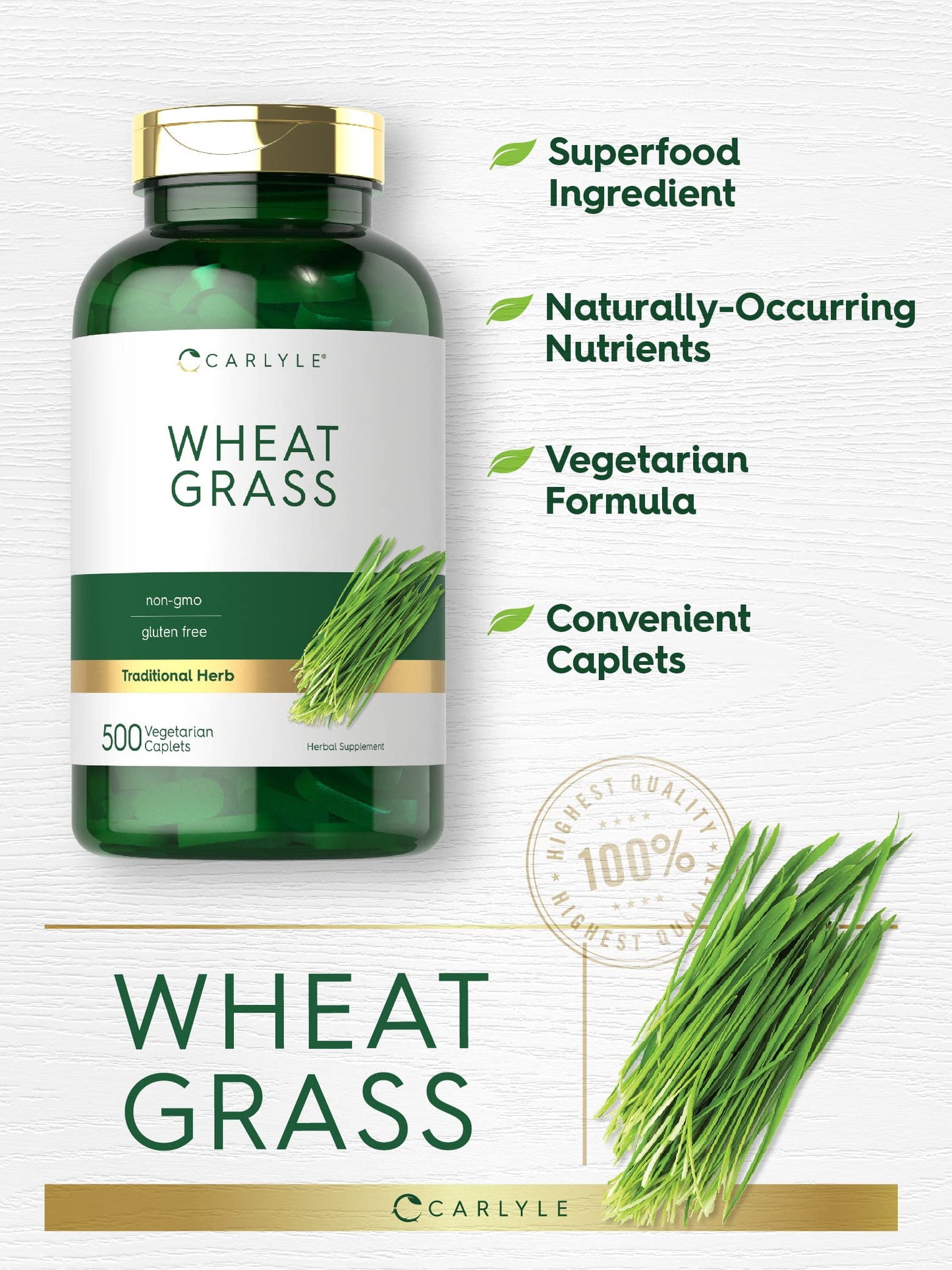 Carlyle Wheat Grass Supplement | 500 Vegetarian Caplets | Non-GMO, Gluten Free Superfood