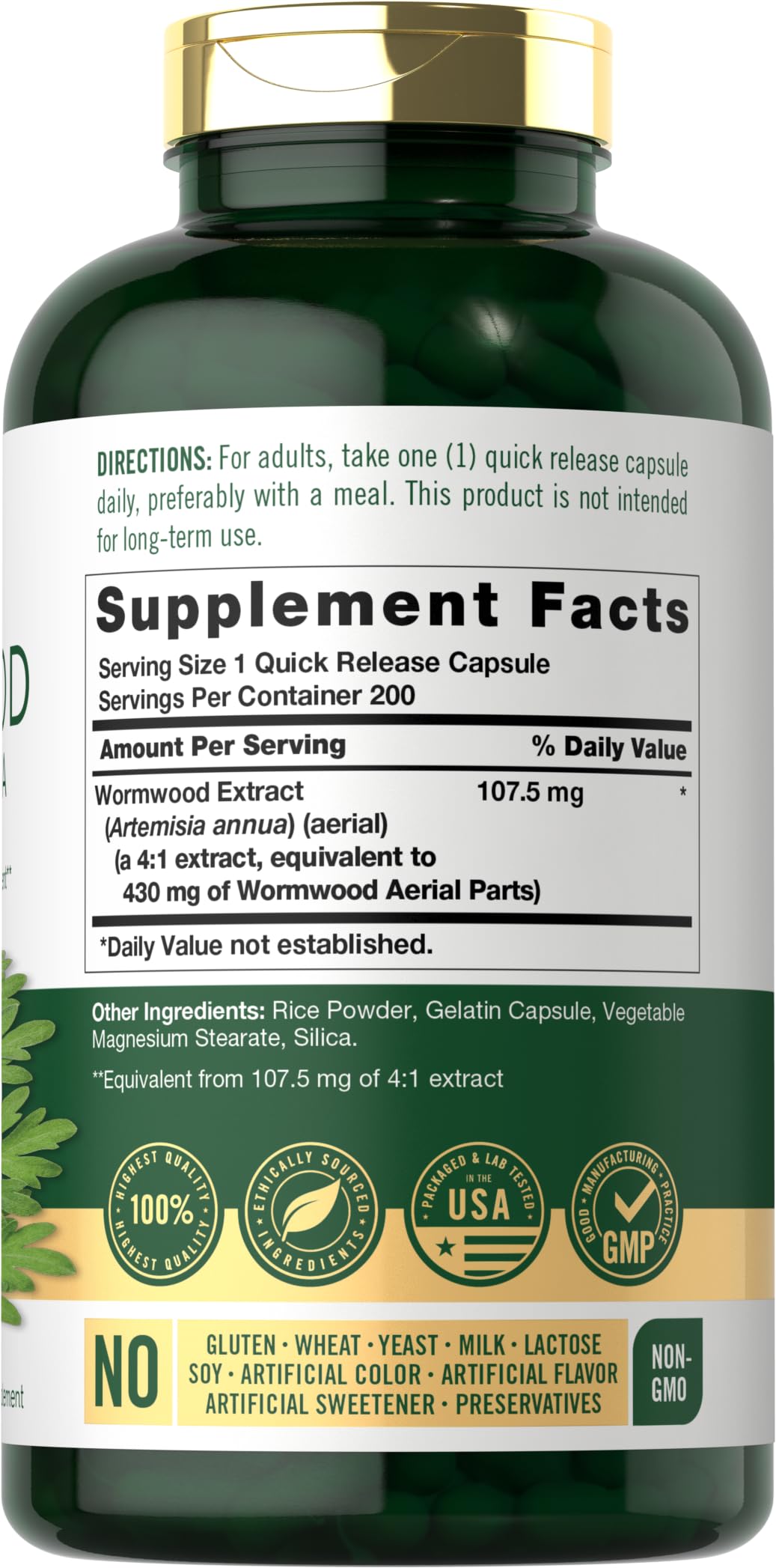 Carlyle Wormwood Capsules 430mg | Artemisia Annua Herb | 200 Count | Non-GMO & Gluten Free Supplement