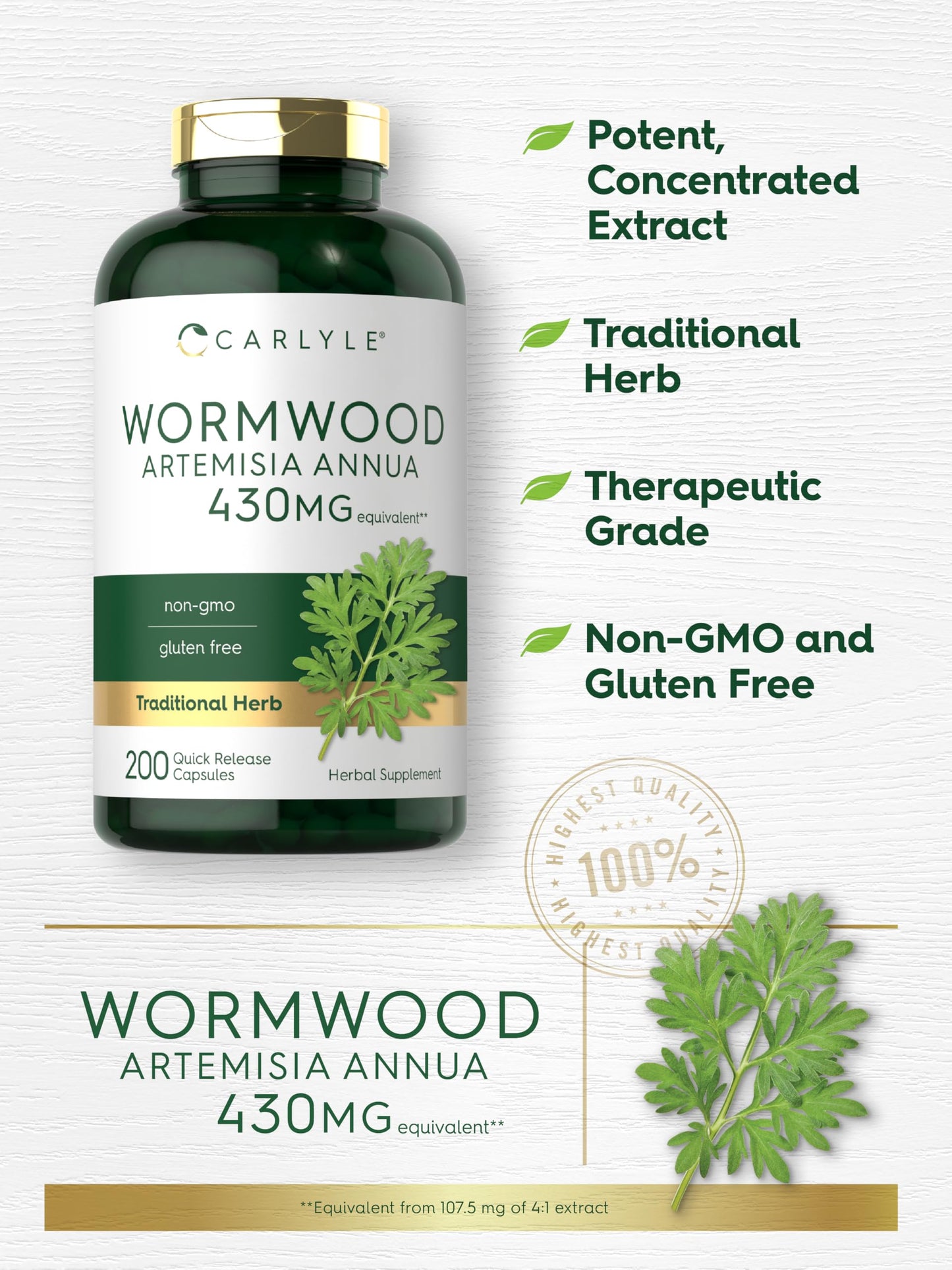 Carlyle Wormwood Capsules 430mg | Artemisia Annua Herb | 200 Count | Non-GMO & Gluten Free Supplement