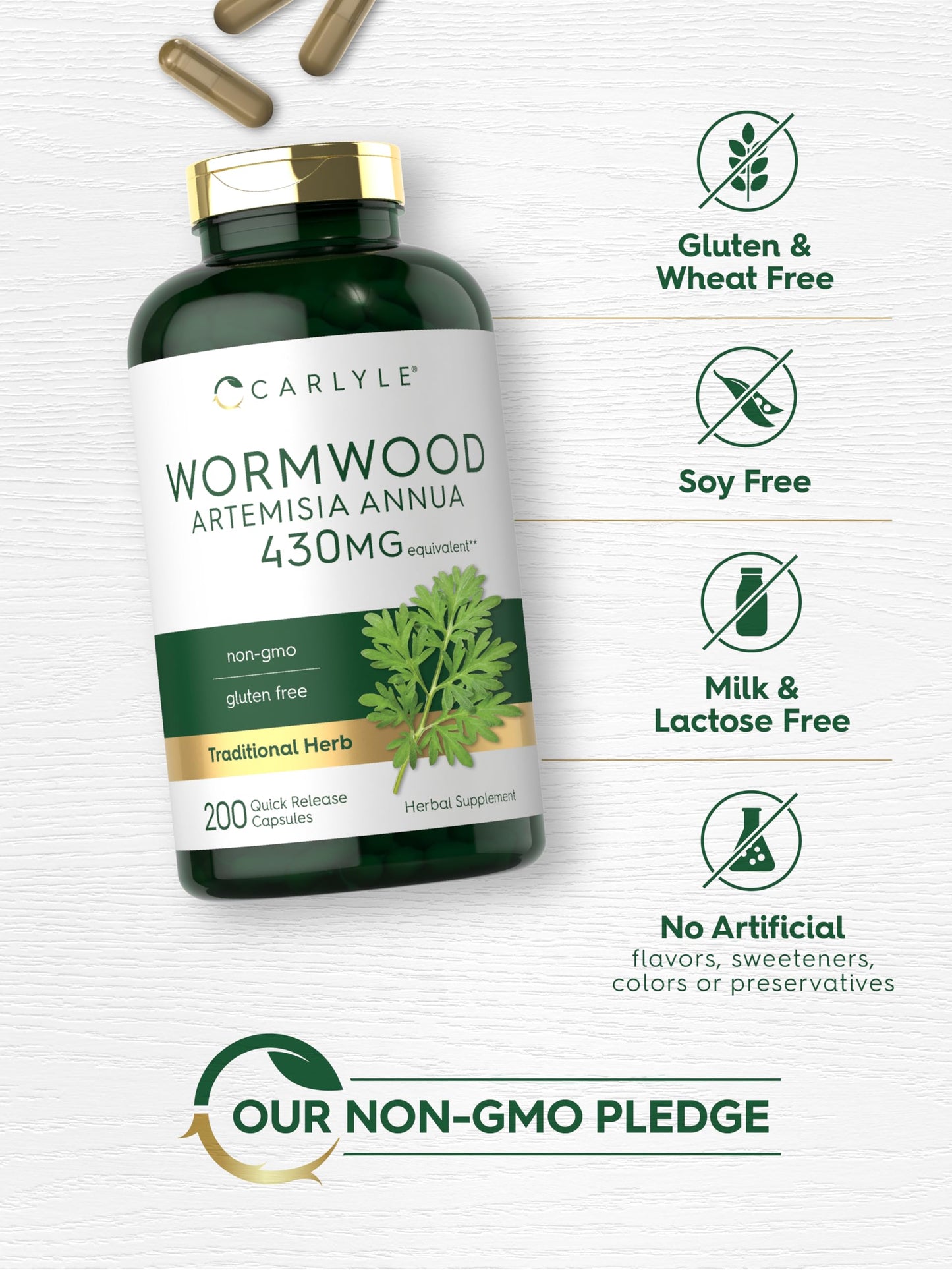 Carlyle Wormwood Capsules 430mg | Artemisia Annua Herb | 200 Count | Non-GMO & Gluten Free Supplement