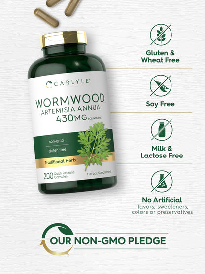 Carlyle Wormwood Capsules 430mg | Artemisia Annua Herb | 200 Count | Non-GMO & Gluten Free Supplement