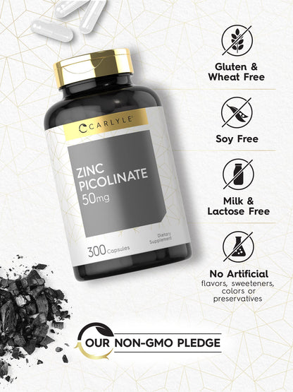 Carlyle Zinc Picolinate 50mg | 300 Capsules | Non-GMO and Gluten Free Supplement
