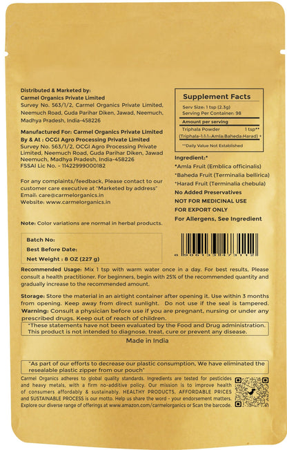 Carmel Organics Triphala Powder (8 oz) for Digestive Support - No Preservatives | Harad, Baheda & Amla
