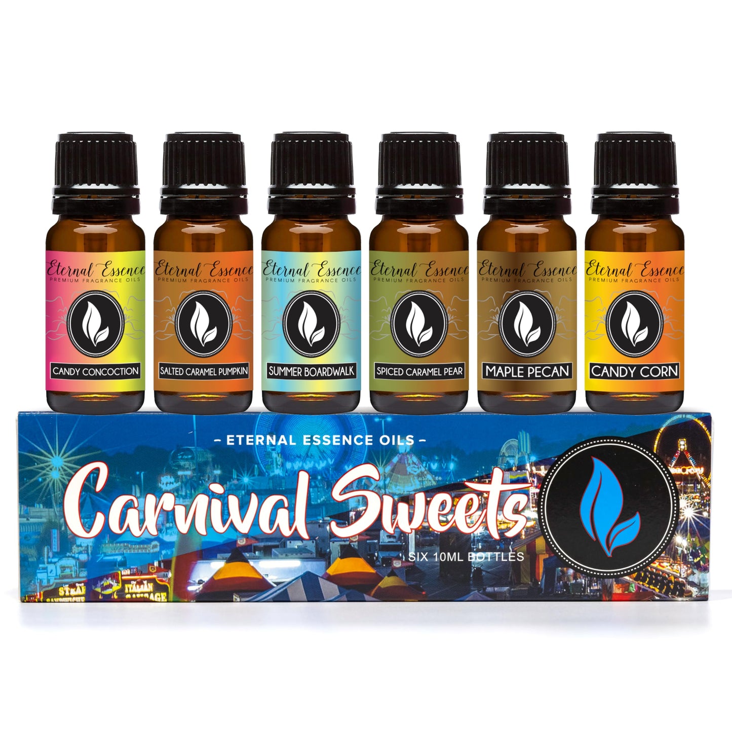 Carnival Sweets Set of 6 Premium Fragrance Oils (10ml) – Candy Corn, Salted Caramel Pumpkin, Candy Concoction, Summer Boardwalk, Spiced Caramel Pear, Maple Pecan | Eternal Essence Oils