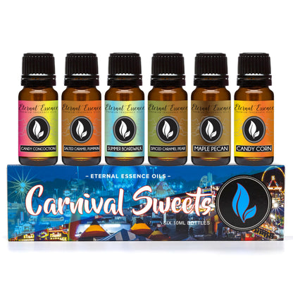 Carnival Sweets Set of 6 Premium Fragrance Oils (10ml) – Candy Corn, Salted Caramel Pumpkin, Candy Concoction, Summer Boardwalk, Spiced Caramel Pear, Maple Pecan | Eternal Essence Oils