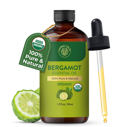 Carno Calm Bergamot Essential Oil | USDA Certified Organic | Bergamot Oil for Skin, Hair, Aromatherapy, Soap & Candle Making | 1.7 fl. oz