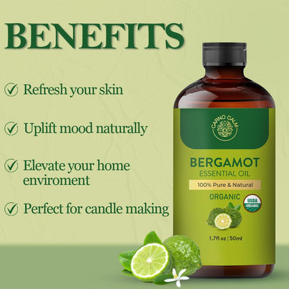 Carno Calm Bergamot Essential Oil | USDA Certified Organic | Bergamot Oil for Skin, Hair, Aromatherapy, Soap & Candle Making | 1.7 fl. oz