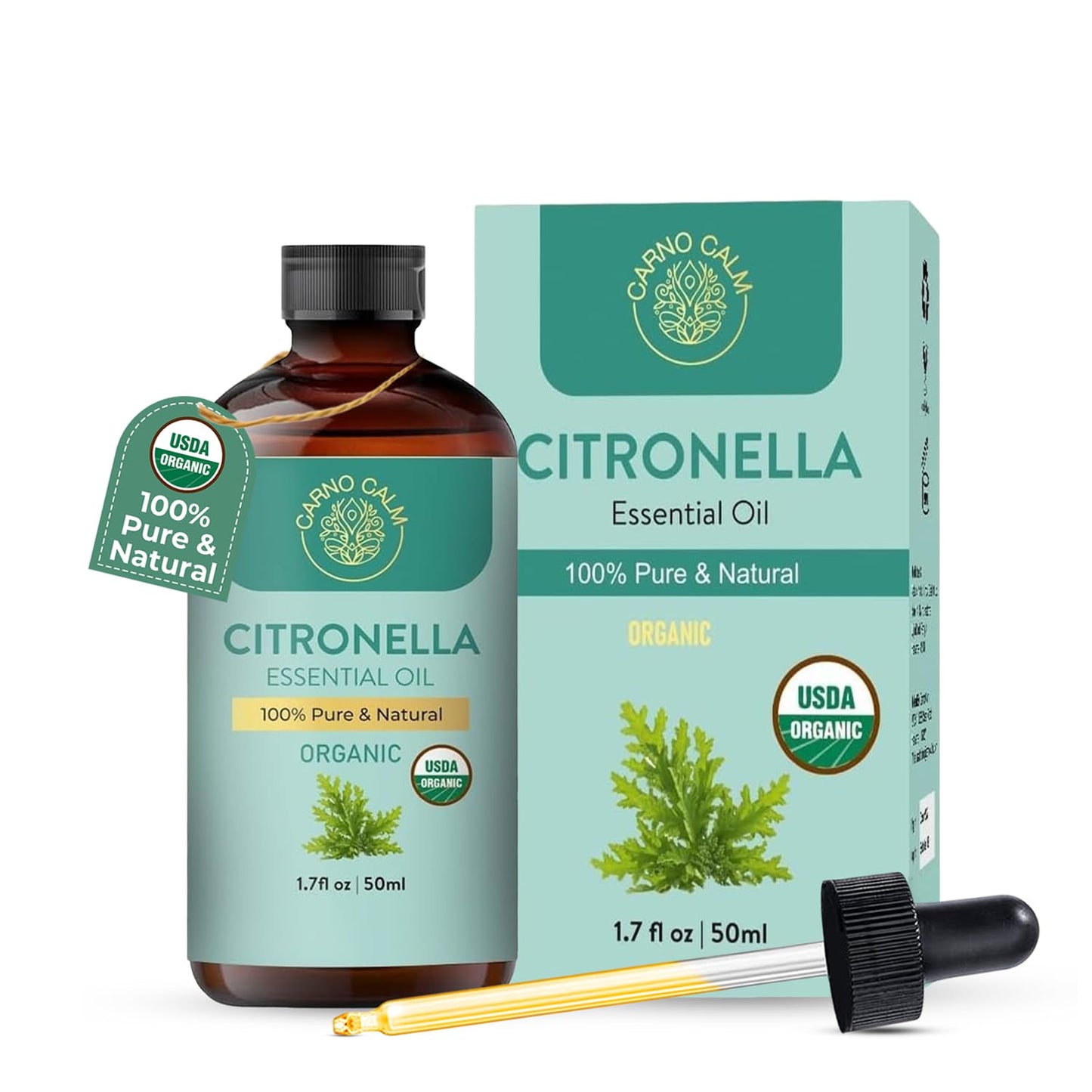 Carno Calm Citronella Essential Oil - USDA Organic, Steam Distilled 1.7 fl oz | Therapeutic Grade