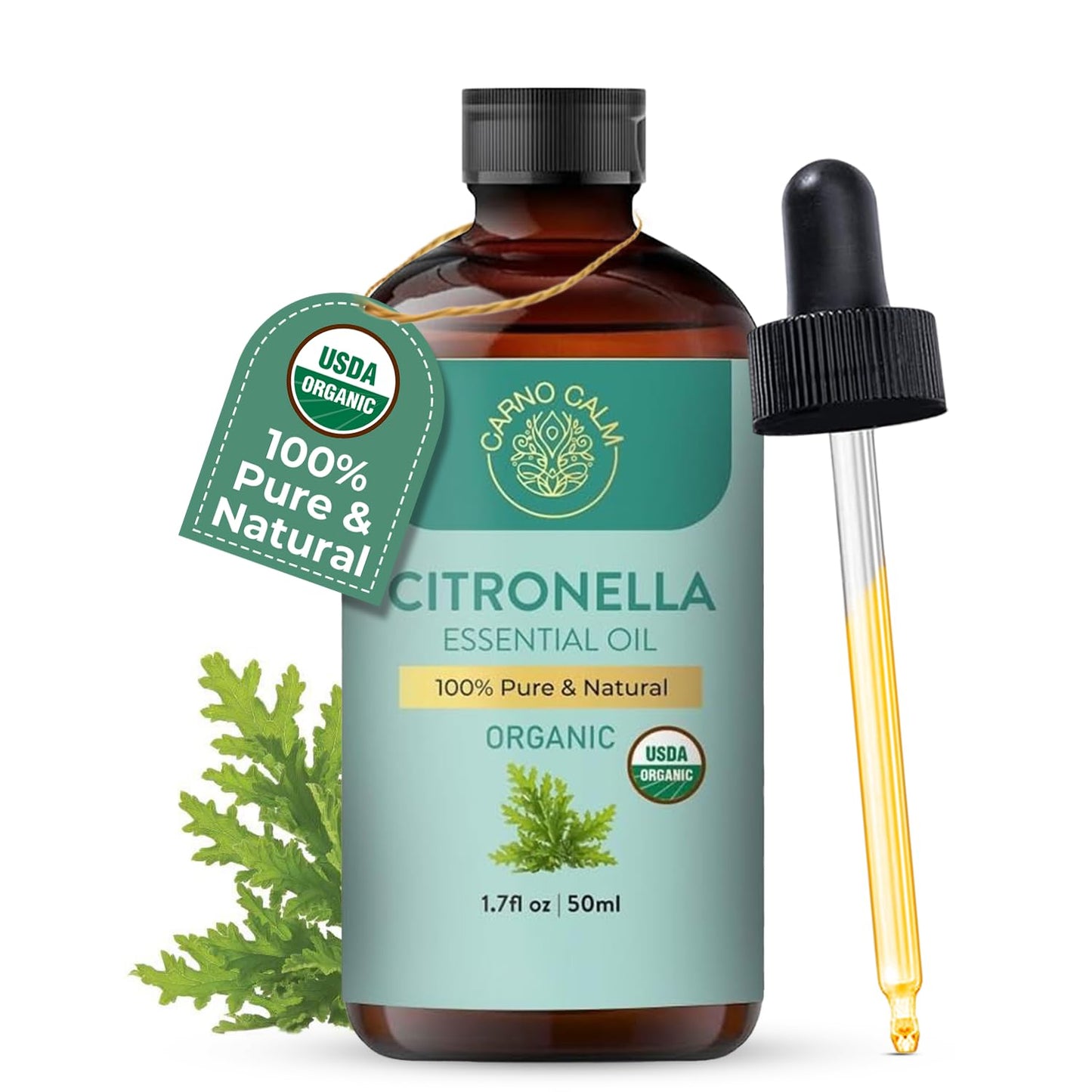 Carno Calm Citronella Essential Oil - USDA Organic, Steam Distilled 1.7 fl oz | Therapeutic Grade
