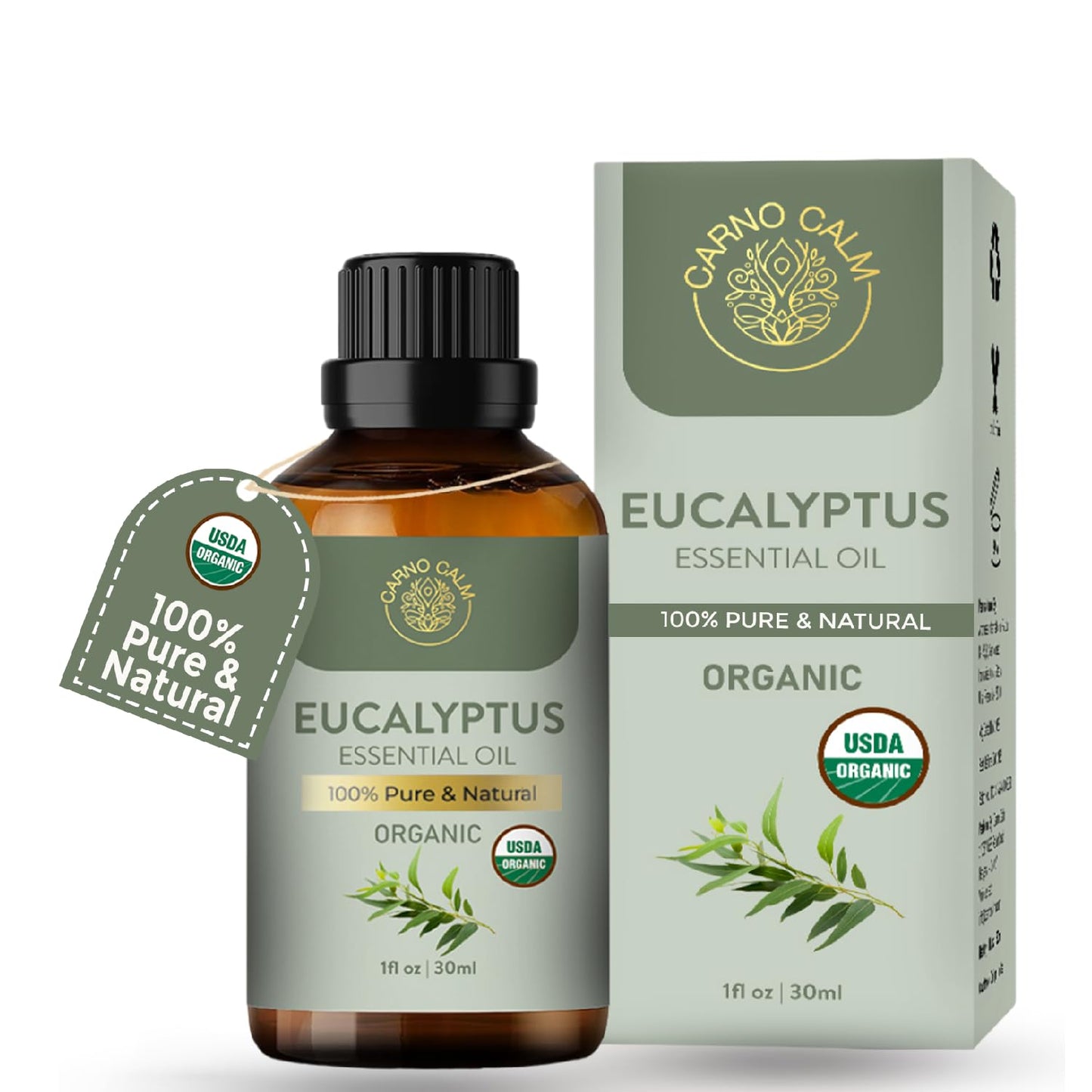 Carno Calm Eucalyptus Essential Oil | USDA Certified Organic Eucalyptus Oil | Skin & Hair Care | Aromatherapy & Diffuser | DIY Uses | 1 Fl oz