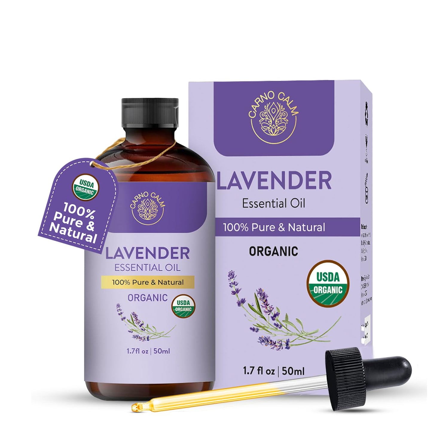 Carno Calm Lavender Essential Oil Pure – USDA Organic | 1.7 fl oz | Diffuser, Skin, Hair & Massage