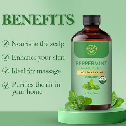 Carno Calm Peppermint Essential Oil – USDA Organic | 1.7 fl oz | Diffuser, Skin, DIY Soaps & Candles