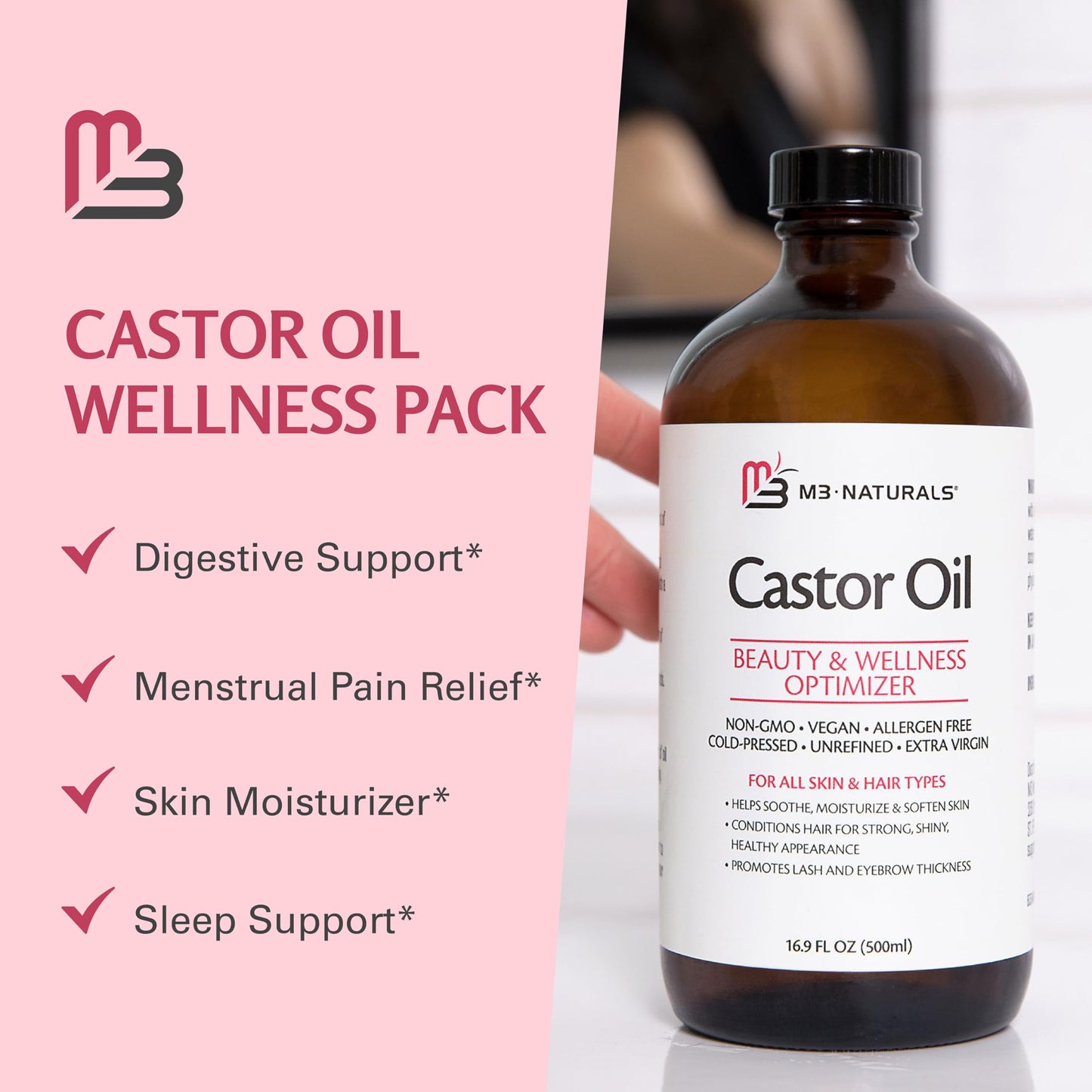 Pure Castor Oil Pack Kit, Large – Hexane-Free Cold-Pressed Castor Oil in Glass Bottle with Adjustable Reusable Organic Cotton Wrap | M3 Naturals