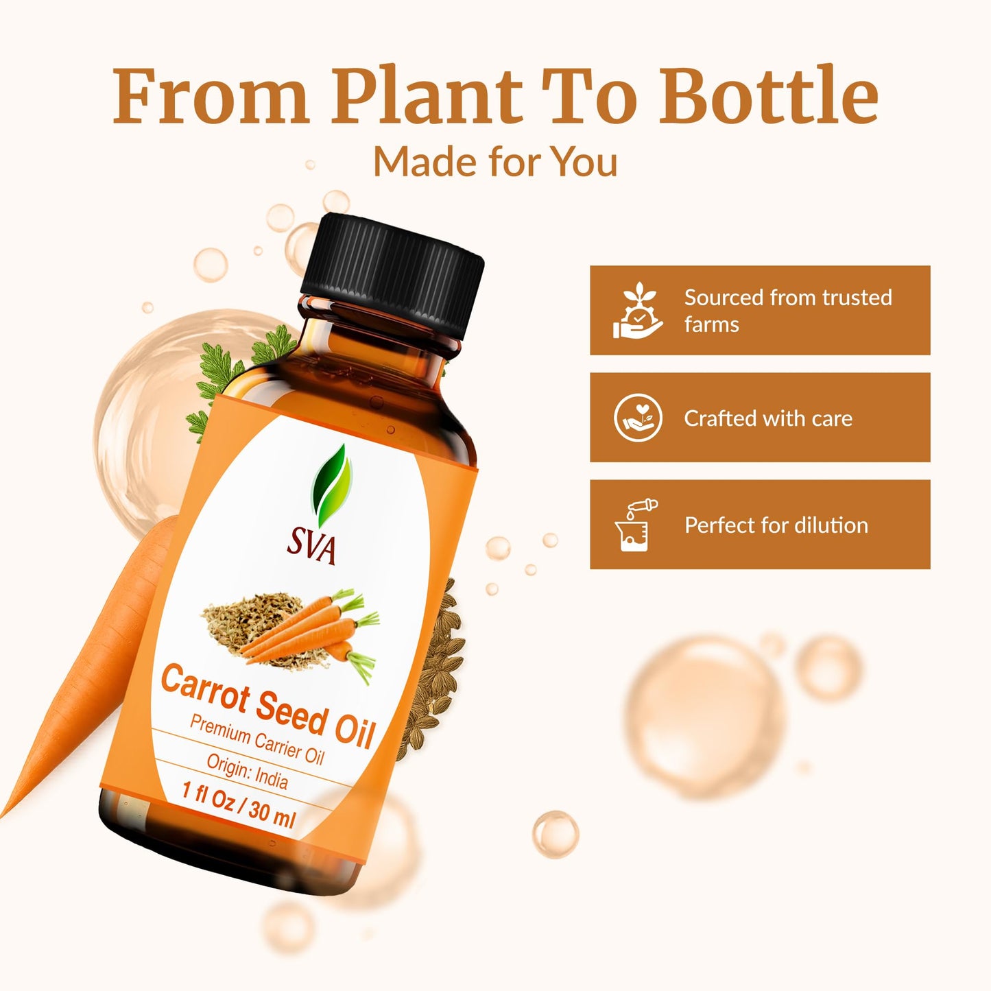 SVA Carrot Seed Oil - 1 Fl Oz – 100% Natural Cold Pressed Carrot Oil - for Face, Skin Care, Hair Care, Scalp Massage & Body Massage – Carrier Oil with Dropper