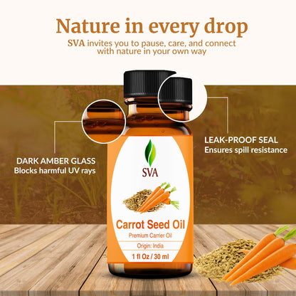 SVA Carrot Seed Oil - 1 Fl Oz – 100% Natural Cold Pressed Carrot Oil - for Face, Skin Care, Hair Care, Scalp Massage & Body Massage – Carrier Oil with Dropper