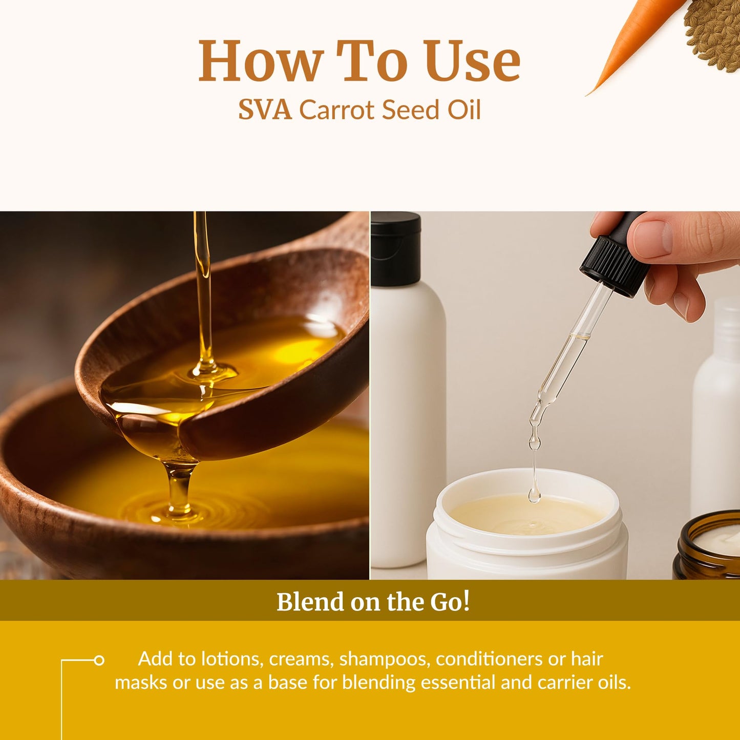 SVA Carrot Seed Oil - 1 Fl Oz – 100% Natural Cold Pressed Carrot Oil - for Face, Skin Care, Hair Care, Scalp Massage & Body Massage – Carrier Oil with Dropper