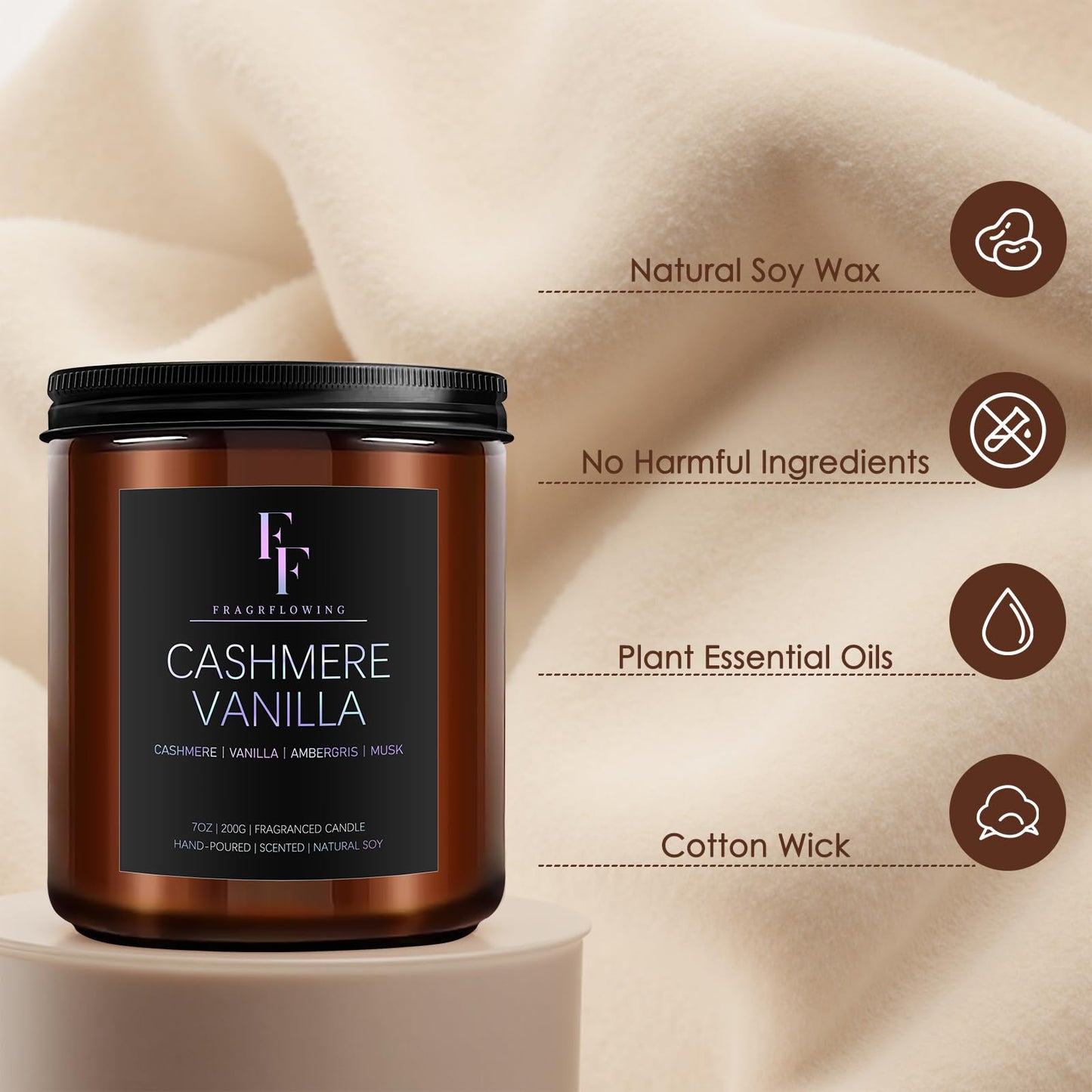 Cashmere Vanilla Scented Candle – 7oz Soy Wax, Aromatherapy Gift for Women & Men