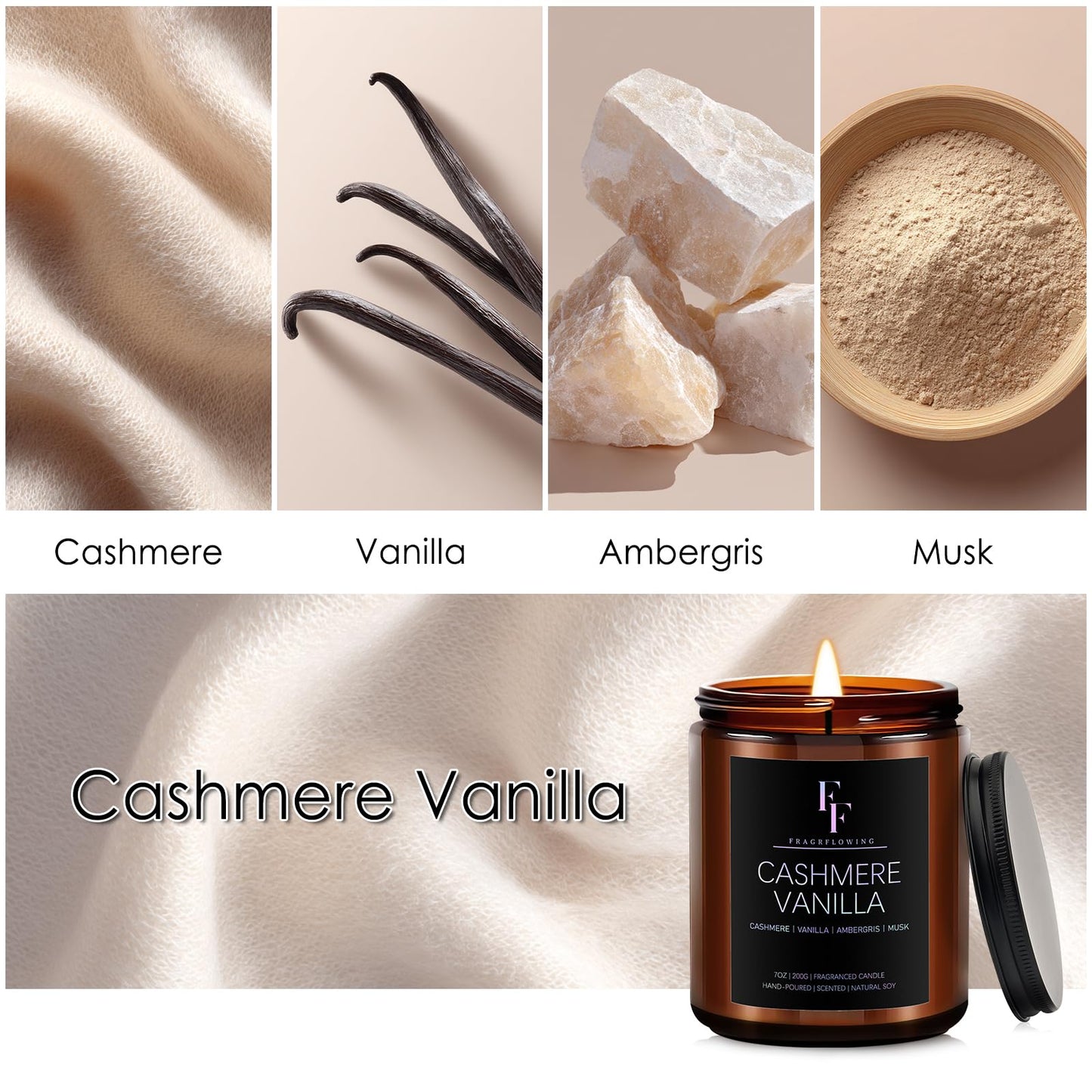 Cashmere Vanilla Scented Candle – 7oz Soy Wax, Aromatherapy Gift for Women & Men