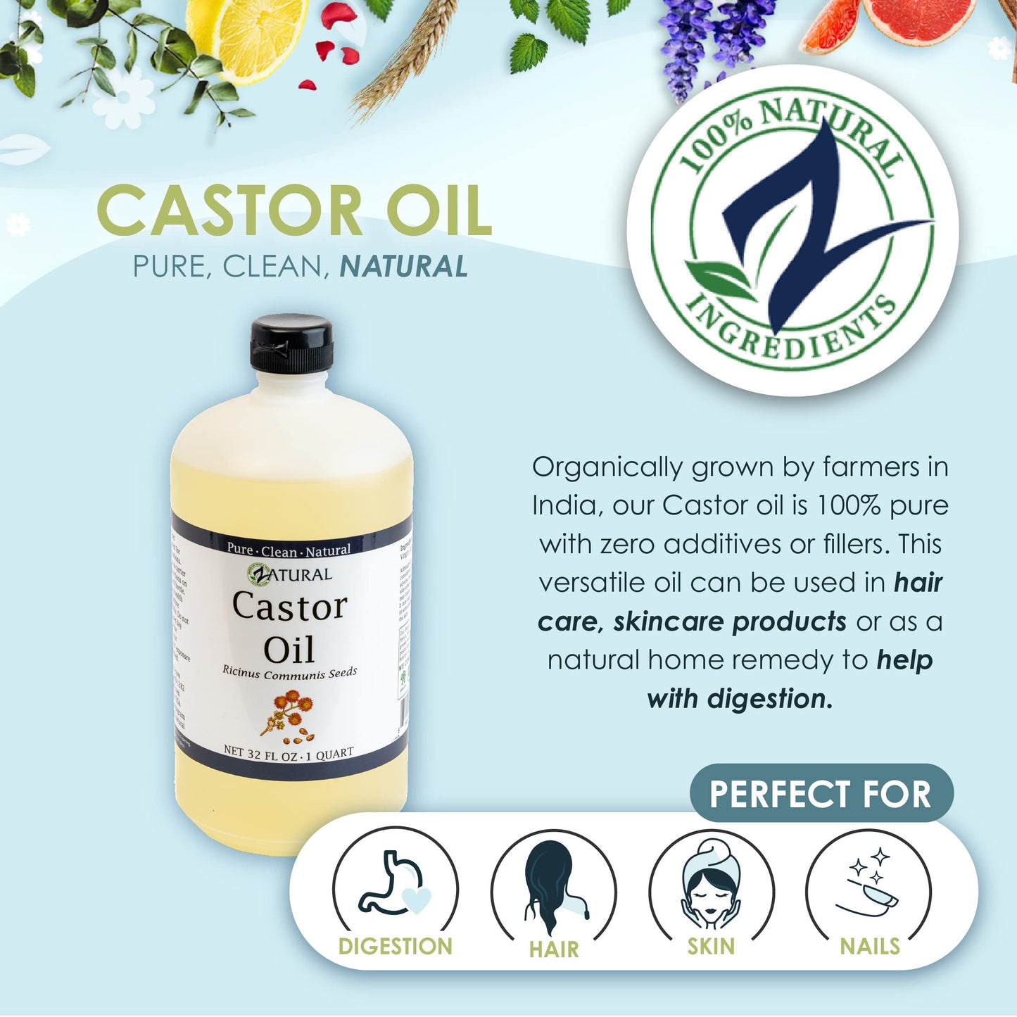 Castor Oil 100% Pure - Organic Ricinus Communis (32 oz)