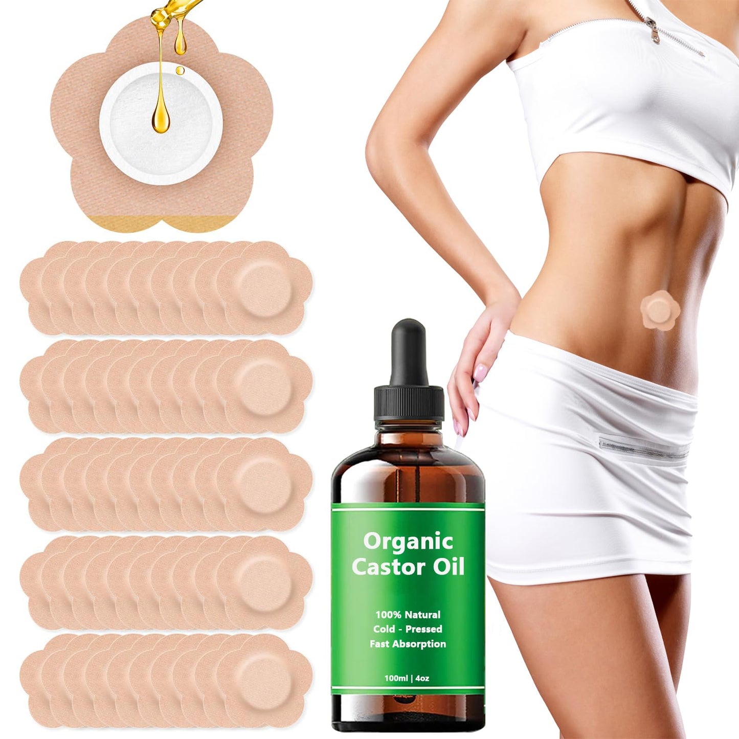 50Pcs Castor Oil Belly Button Patch Kit – Organic Cold-Pressed Oil