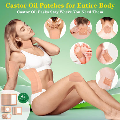 42 Pcs Castor Oil Pack Wrap Set with Organic Cold-Pressed Castor Oil – 6.76 oz Glass Bottle