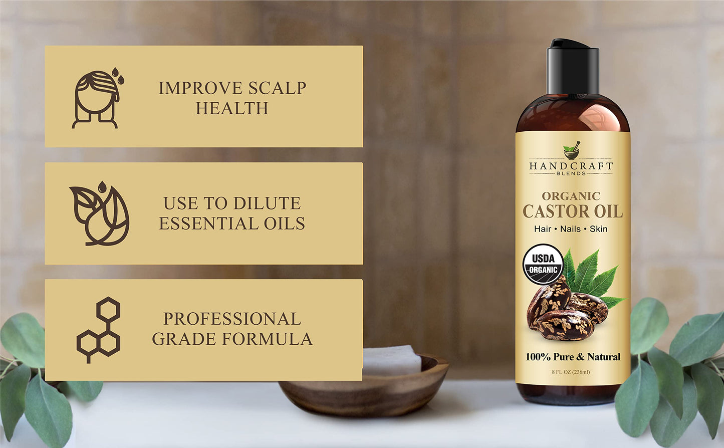 Handcraft Blends Organic Castor Oil 8 Fl Oz | 100% Pure and Natural | Premium Grade Carrier Oil | Hair, Eyelashes and Eyebrows | Hair and Body | Expeller-Pressed | Hexane-Free