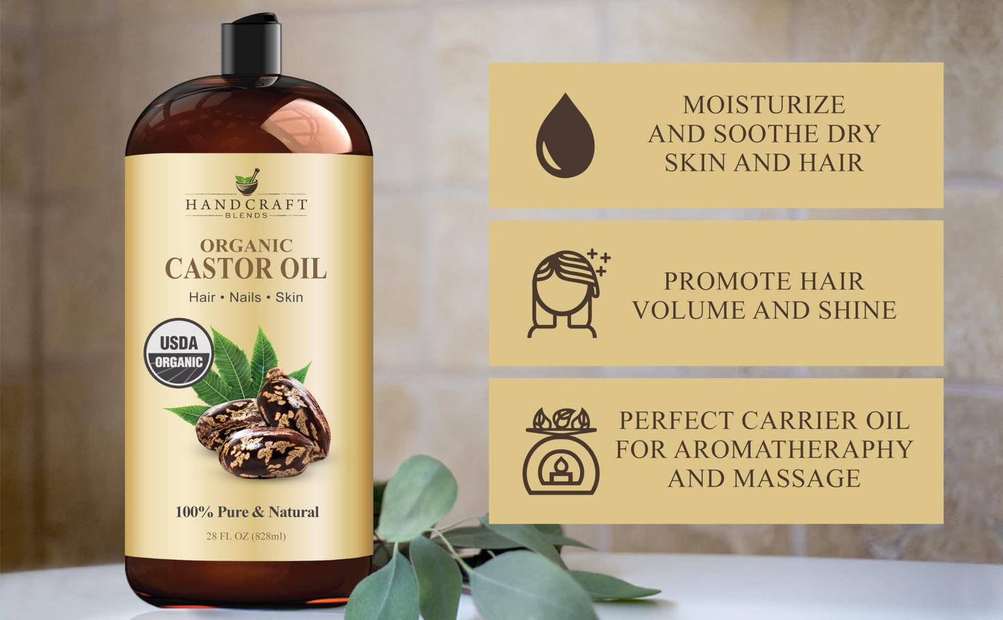 Handcraft Blends Organic Castor Oil 28 Fl Oz - 100% Pure & Natural, Expeller-Pressed, Hexane-Free
